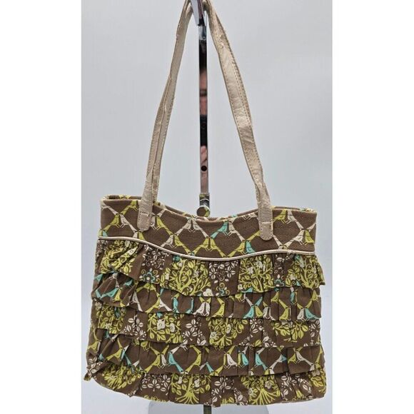 Vera Bradley Ruffled Tote Bag and wallet With Bird Print Brown/Green/Yellow 14" - Picture 3 of 10